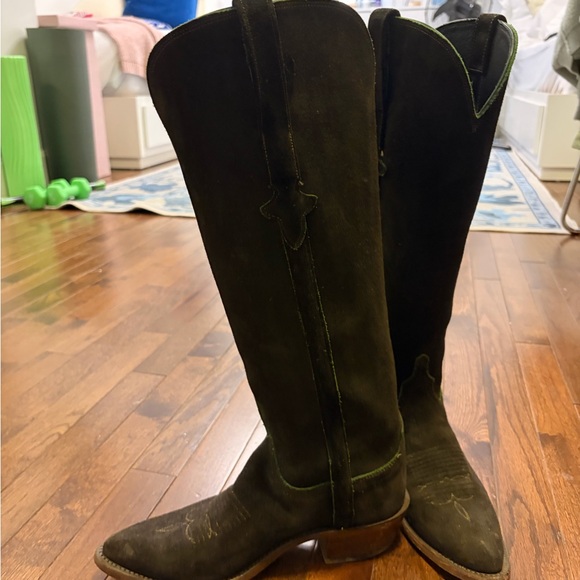 Lucchese Dark Brown Suede Edie boots with Green Stitching - Picture 5 of 11